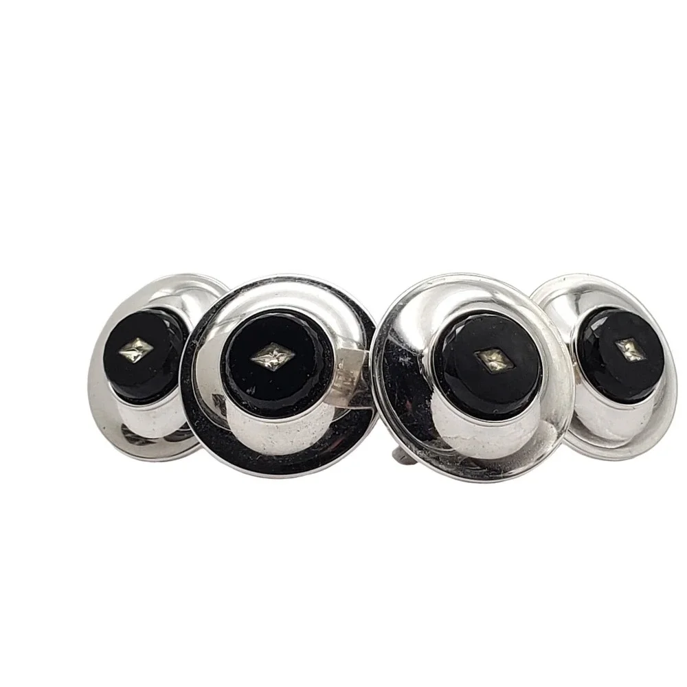 Black Onyx Crystal Cufflinks Silver Tone Shields 5th Avenue Suit Accessory Set 2